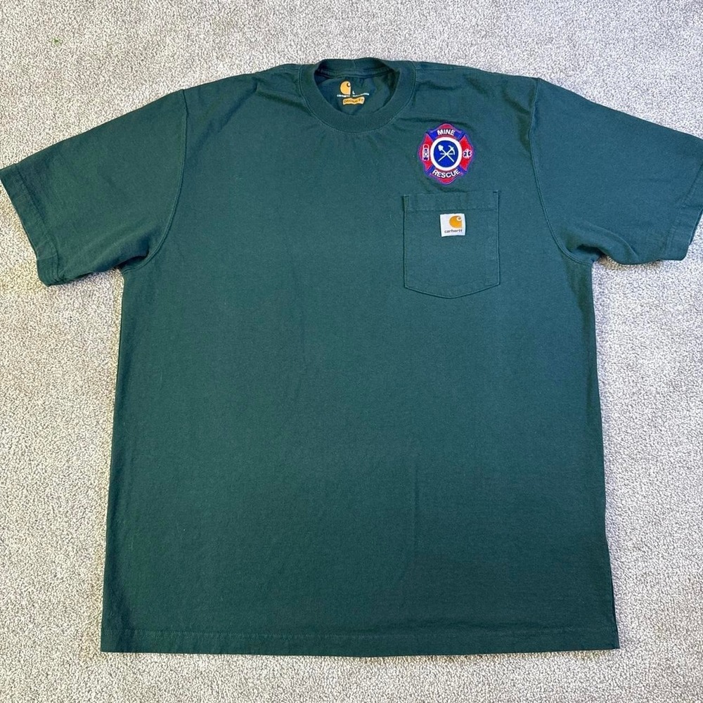 Carhartt Green Pocket T-Shirt Mine Rescue Patch Men's Large Workwear Tee